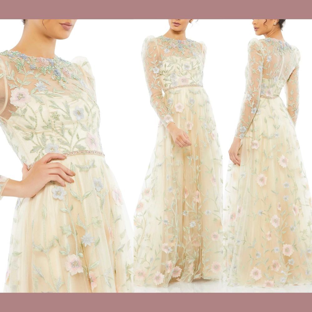 NEW $798 Mac Duggal [ 6 ] 11226 A Line Floral Butterfly Sleeve Flowy‎ Gown Cream